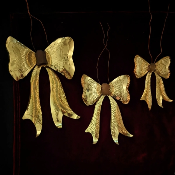 Lot of 3 Vintage 3D Gold Tin Hand Crafted Christmas Ornaments Mid-Late Century - Picture 1 of 11